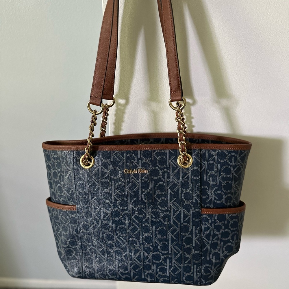 Calvin Klein Navy Monogram Tote with Brown Leather Trim